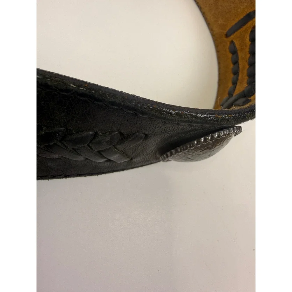 Vintage 1994 Western Black Leather Braided Concho Belt Engraved Buckle Cowboy